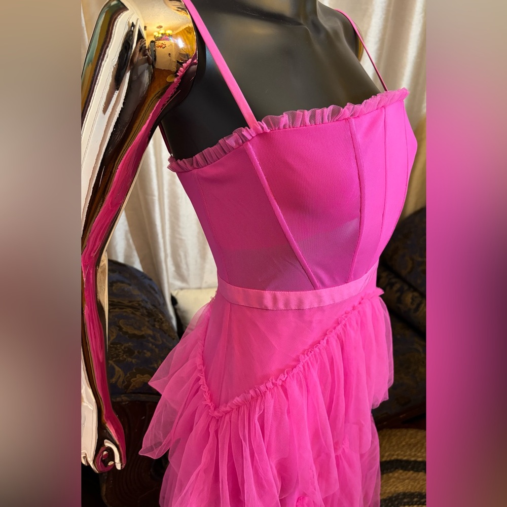 New Betsy & Adam Tiered Tulle Ruffle Corset Gown Dress Size 4 Hot Pink Mesh - Picture 2 of 11